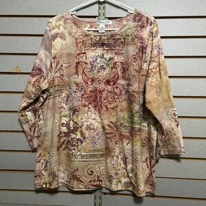 Coldwater Creek Womens 3/4 Sleeve Printed Tunic Top Beige Red Purple Floral Sz M